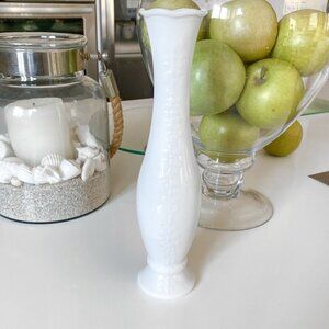Vintage White Milk Glass - Footed Bud Vase - Raised Vine Pattern